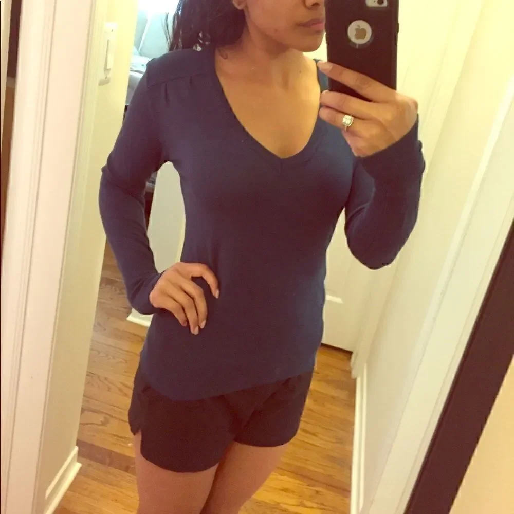 Navy blue teal knit v-neck sweater loose knit S